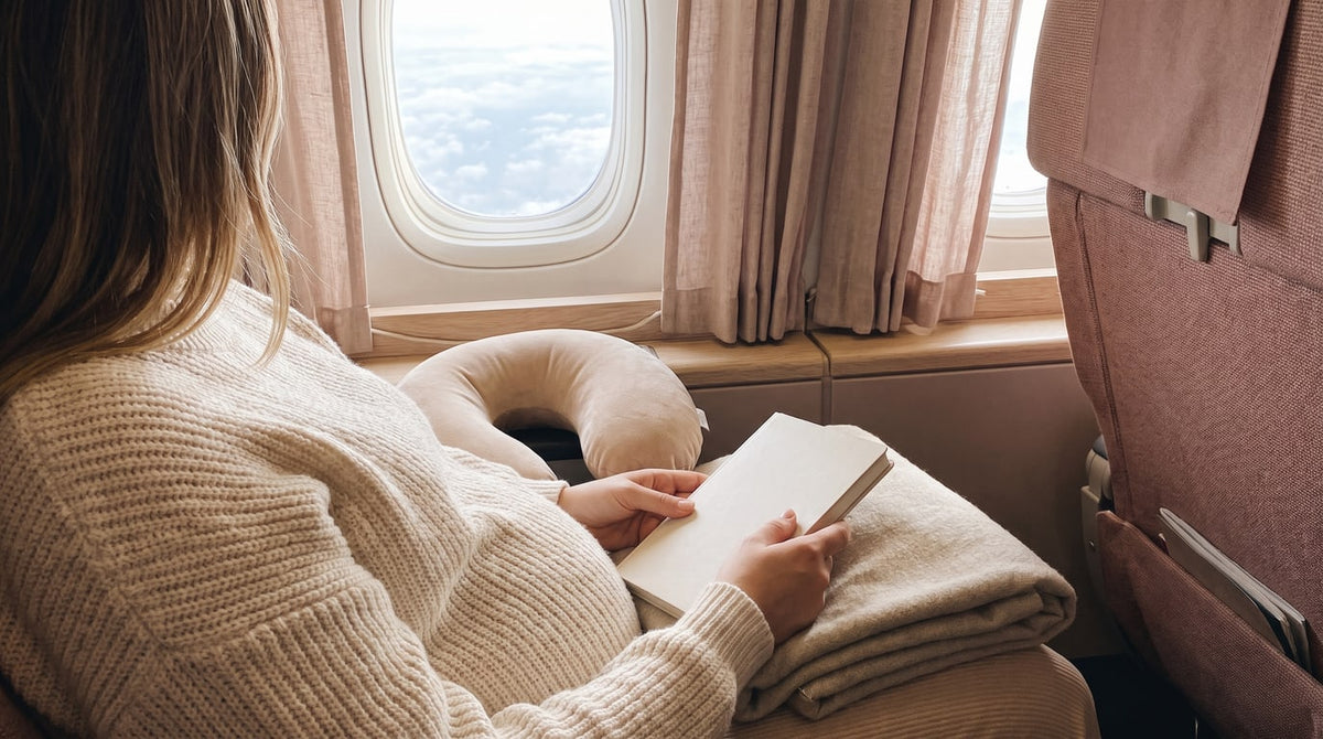 Schwangere im cremefarbenen Strickpullover am Flugzeugfenster mit Reisekissen und Decke im weichen Tageslicht