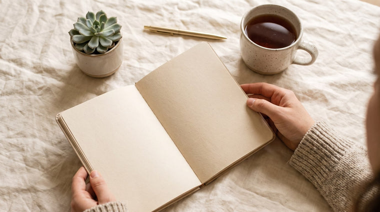 Aufgeschlagenes leeres Notizbuch mit Stift, kleiner Pflanze und einer Tasse Tee auf cremefarbenem Leinen