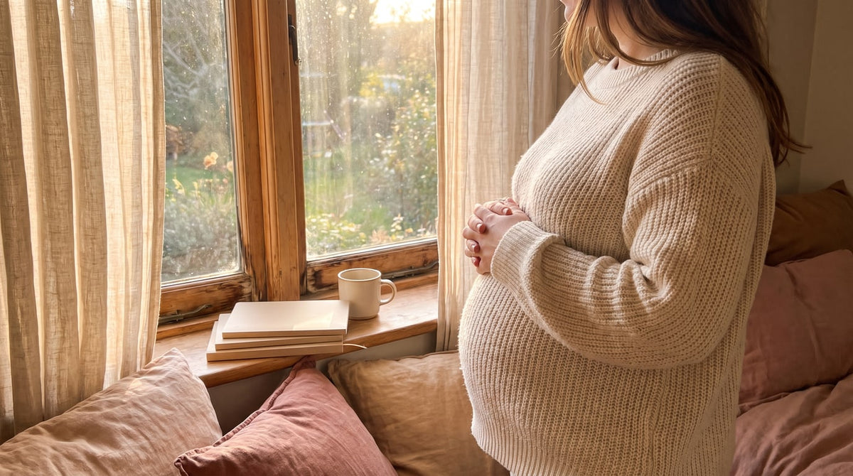 Schwangere im cremefarbenen Strickpullover mit beiden Händen auf dem unteren Bauch am Fenster im warmen Licht