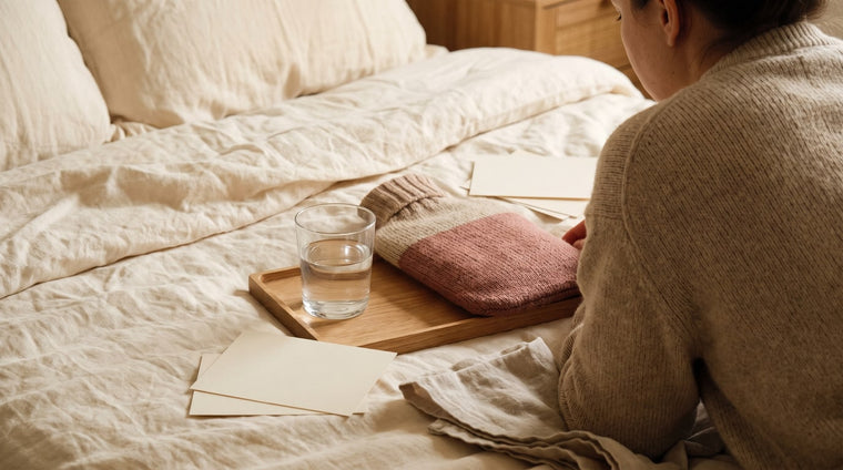 Glas Wasser und eine Wärmflasche mit Strickbezug auf cremefarbener Bettwäsche im warmen Licht