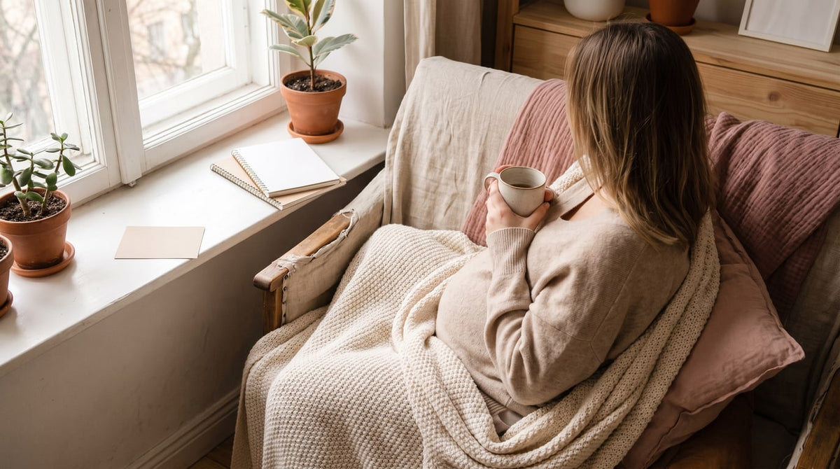 Schwangere in eine dicke cremefarbene Decke gehüllt mit einer Tasse Tee am Fenster im warmen Licht