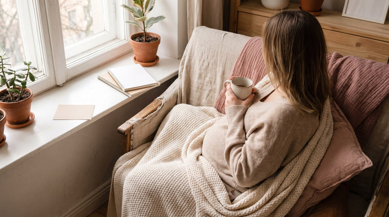 Schwangere in eine dicke cremefarbene Decke gehüllt mit einer Tasse Tee am Fenster im warmen Licht