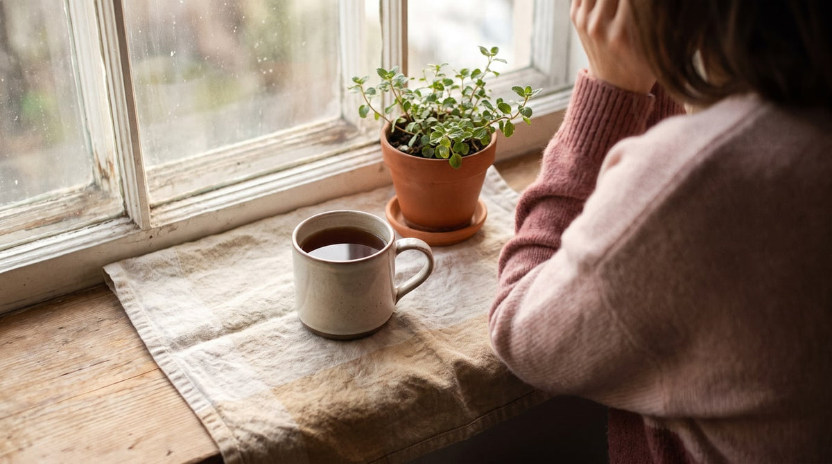 Tasse Tee und eine kleine grüne Pflanze auf der Fensterbank mit frischer Luft im sanften Tageslicht