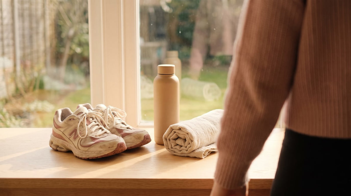 Laufschuhe, eine Wasserflasche und ein cremefarbenes Handtuch am hellen Fenster im warmen Tageslicht