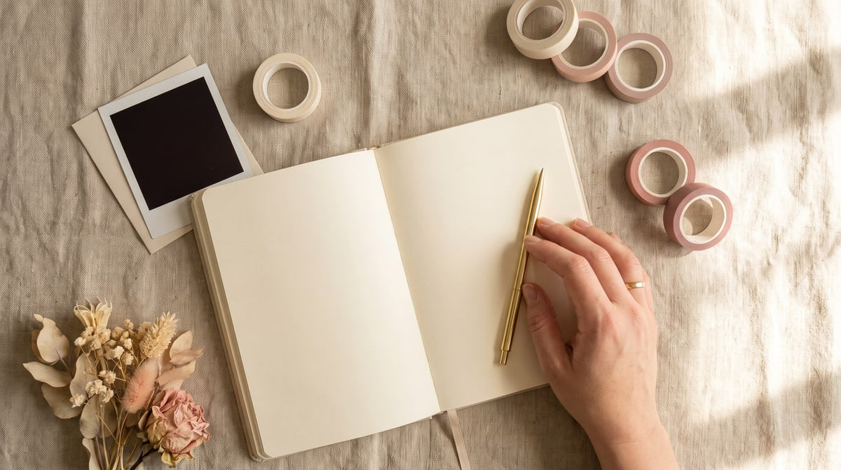 Aufgeschlagenes leeres Journal mit Goldstift, Washi-Tape und getrockneten Blüten auf Leinen