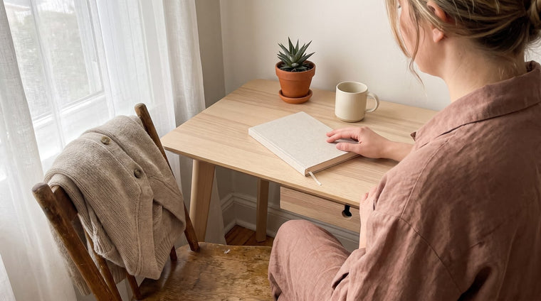 Ruhige Home-Office-Ecke vor dem Mutterschutz mit geschlossenem Notizbuch, Teetasse und Strickjacke ueber dem Stuhl im warmen Fensterlicht