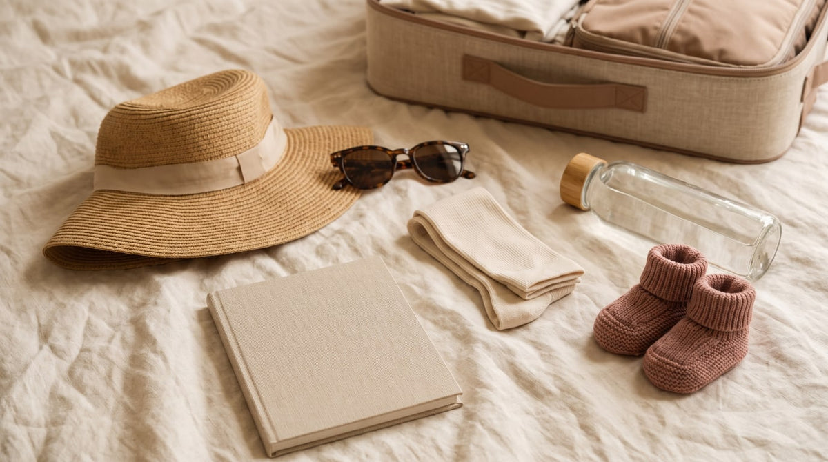 Reise-Flatlay mit Sonnenhut, Sonnenbrille, Reisepass, Kompressionssocken und kleinen Babyschuhen auf Leinen