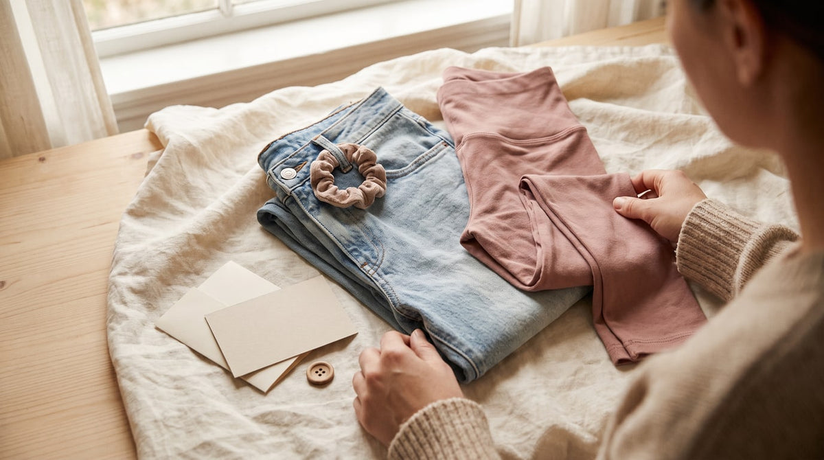 Gefaltete Jeans und weiche Umstandsleggings mit einem Haargummi am Knopf auf cremefarbenem Leinen