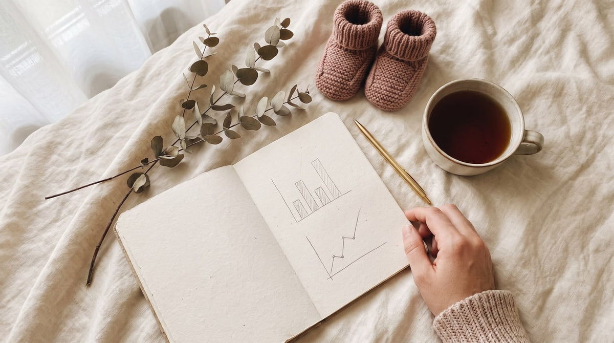 Notizbuch mit gezeichneten Balken- und Liniendiagrammen, Goldstift, Teetasse und altrosa Babyschuhen auf Leinen