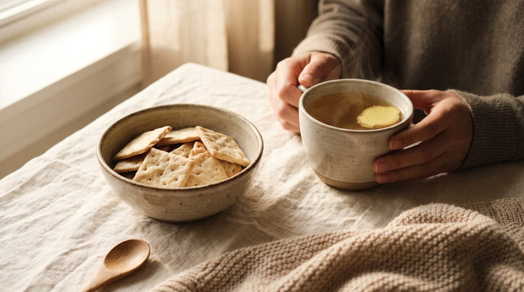 Kleine Schale mit Crackern und eine Tasse Ingwertee mit frischem Ingwer auf cremefarbenem Leinen