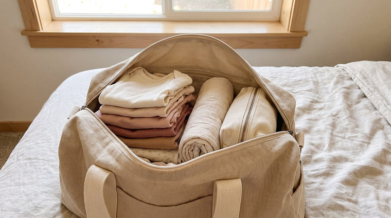 Offene cremefarbene Reisetasche auf dem Bett mit gefalteter Babykleidung, Pucktuch und kleiner Kulturtasche im warmen Fensterlicht
