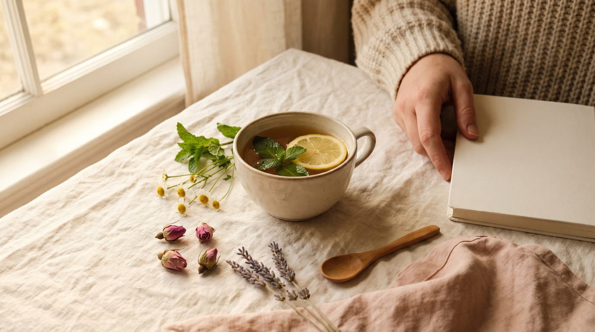 Tasse Kräutertee mit frischen Kräutern, einer Zitronenscheibe und getrockneten Blumen auf Leinen