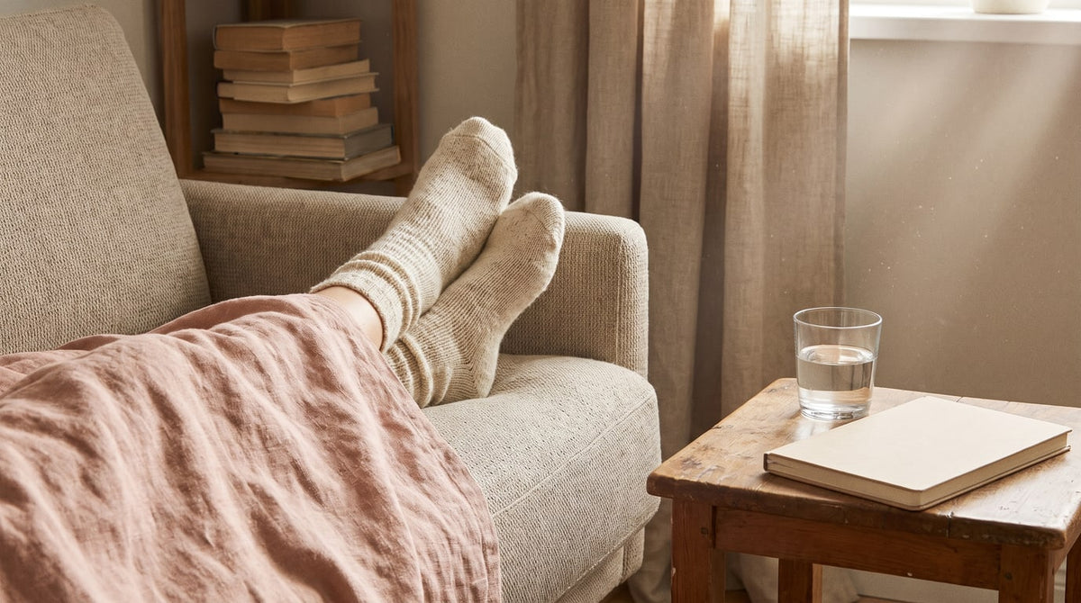 Füße mit cremefarbenen Socken hochgelegt auf dem Sofa unter einer Decke, ein Glas Wasser daneben