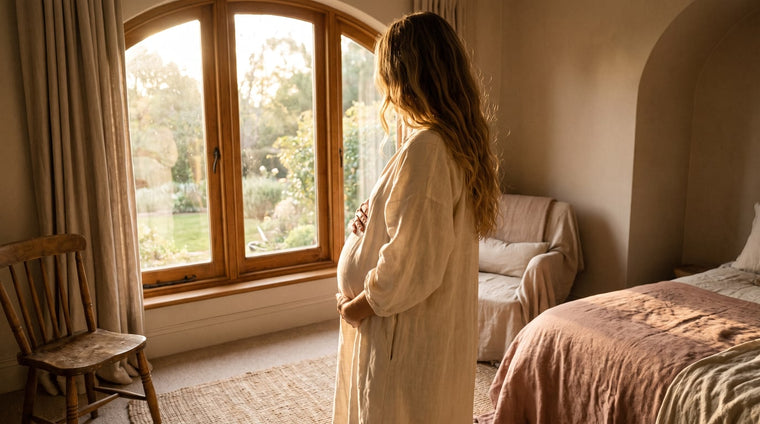 Schwangere im fließenden cremefarbenen Kleid am Fenster im goldenen Licht, beide Hände am runden Bauch