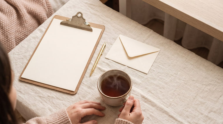 Leeres Klemmbrett mit Blatt, Goldstift, cremefarbener Briefumschlag und Teetasse auf cremefarbenem Leinen im warmen Tageslicht