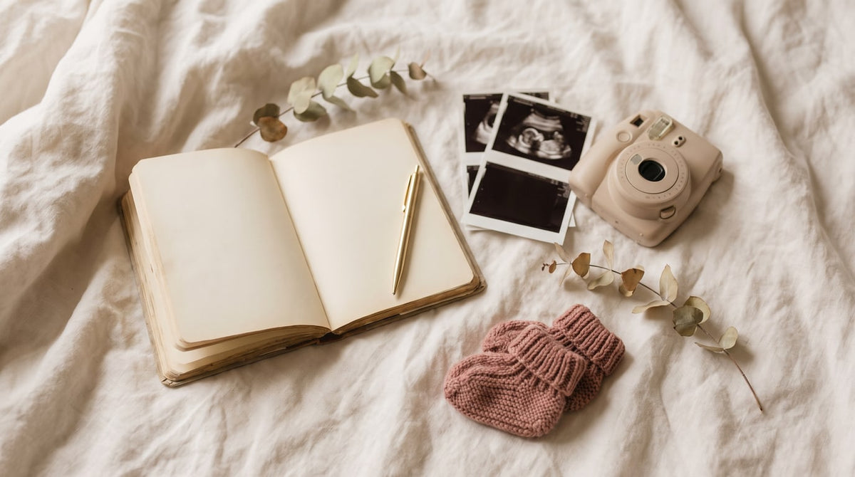 Aufgeschlagenes Schwangerschaftsjournal mit Goldstift, Ultraschallfotos, Sofortbildkamera und altrosa Babyschuhen auf Leinen