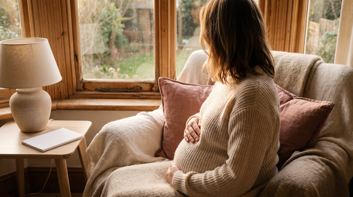 Schwangere im cremefarbenen Strickpullover streicht sich im warmen Abendlicht sanft über den runden Bauch