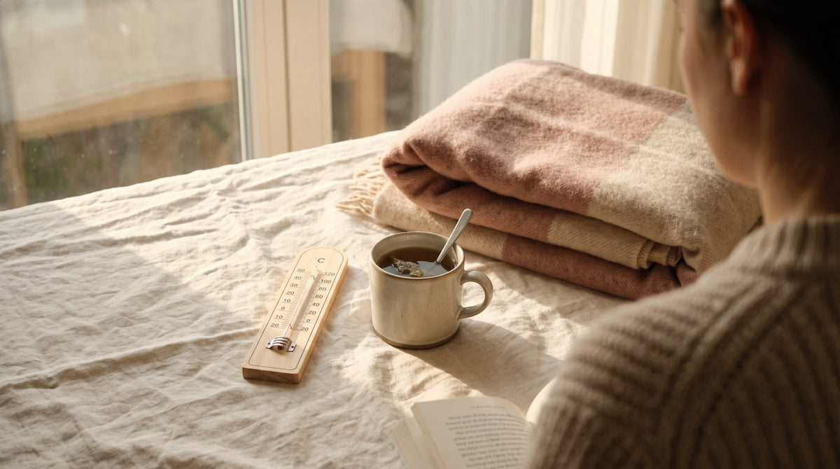 Thermometer, eine Tasse Tee und eine gefaltete Decke auf cremefarbenem Leinen im warmen Tageslicht