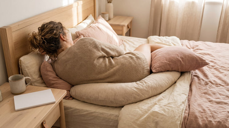 Schwangere ruht in Seitenlage im Bett mit Stillkissen und einem Kissen zwischen den Knien im weichen Morgenlicht