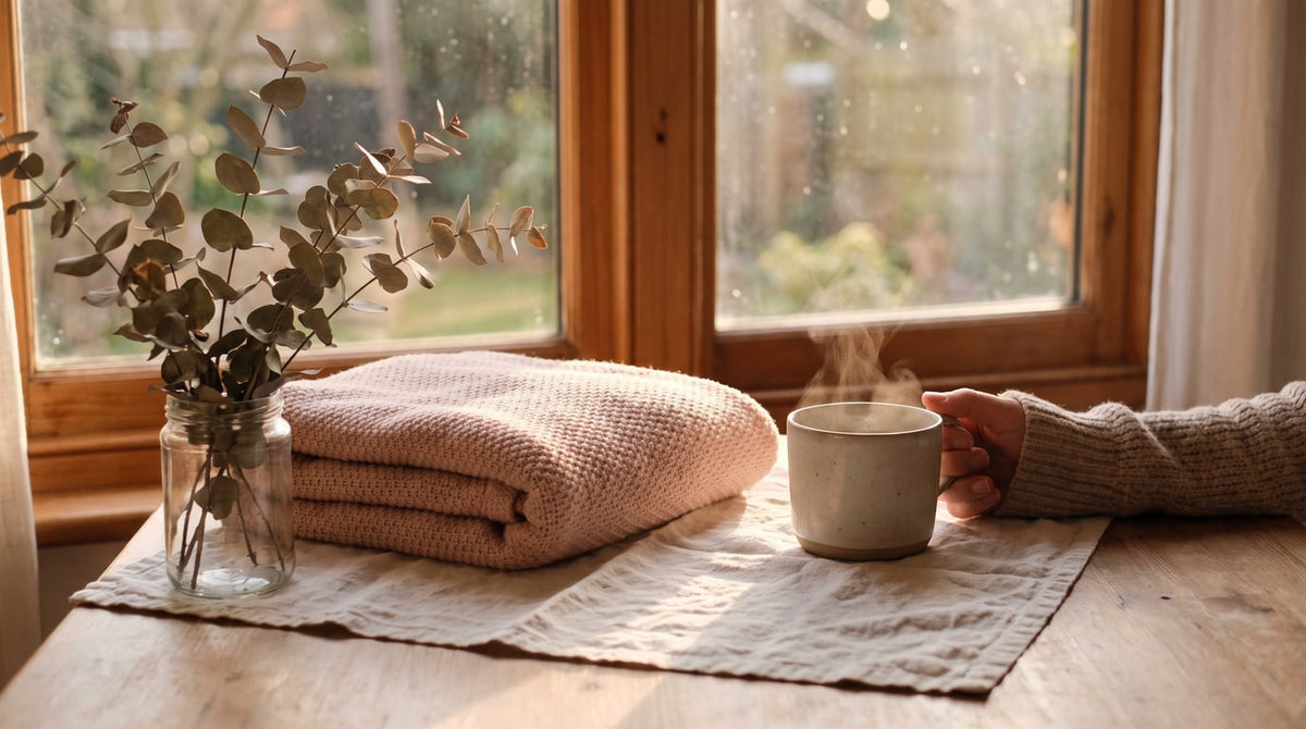 Beruhigende Stillleben-Szene am Fenster mit Teetasse und gefalteter altrosa Decke auf cremefarbenem Leinen