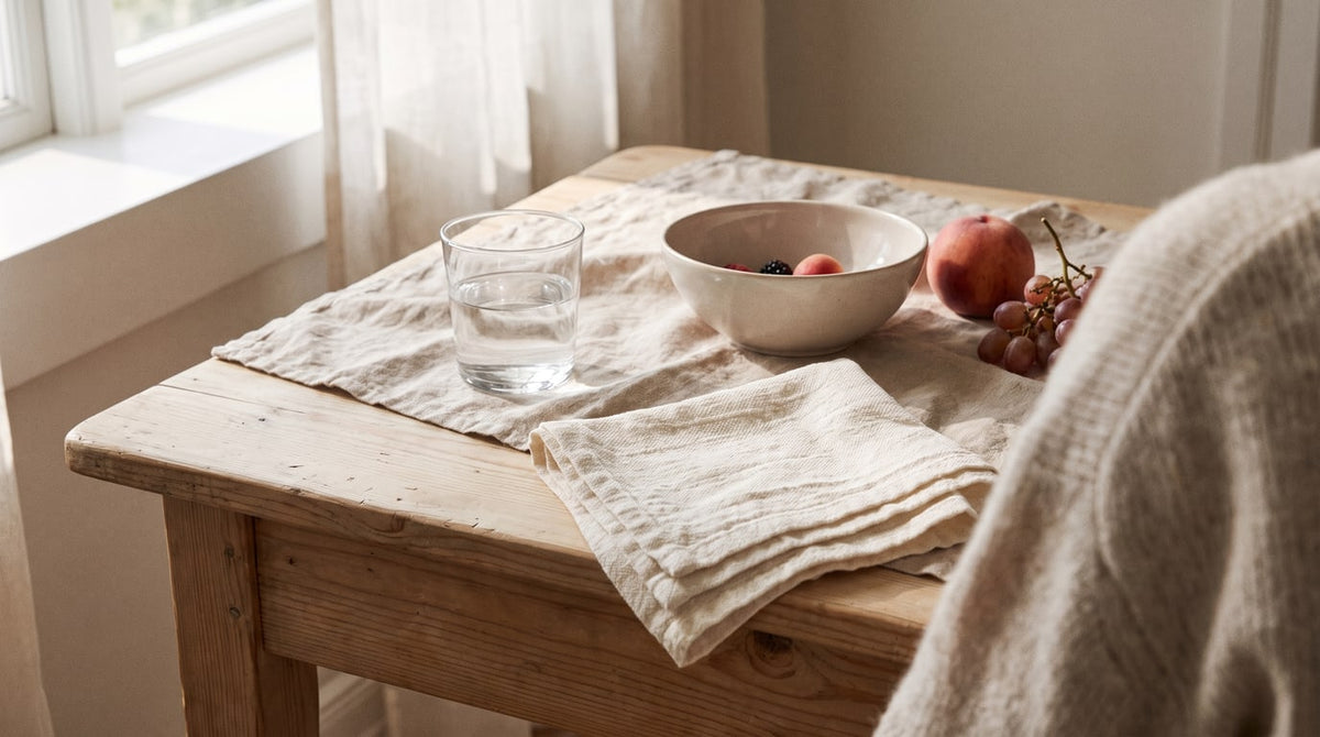 Glas Wasser, eine Schale frisches Obst und eine gefaltete Serviette auf cremefarbenem Leinen im sanften Licht