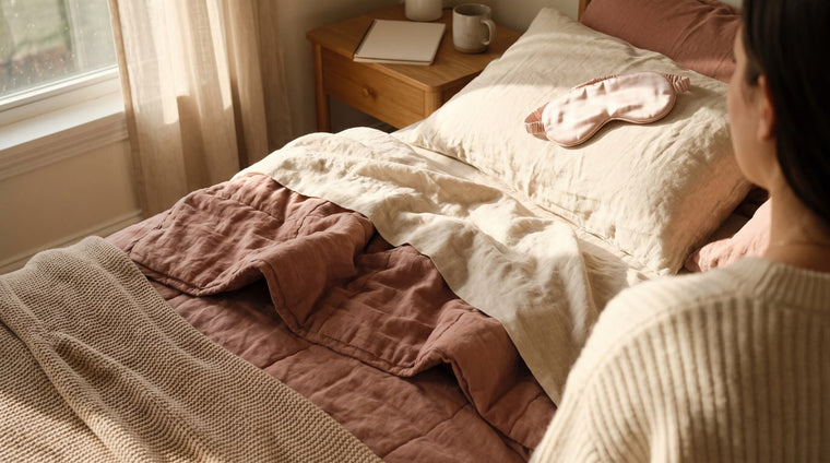 Gemütliches Bett mit cremefarbener und altrosa Bettwäsche und einer Schlafmaske im sanften Morgenlicht