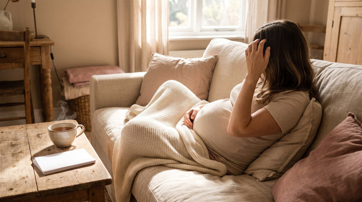 Schwangere ruht unter cremefarbener Decke auf dem Sofa, Teetasse daneben, warmes Nachmittagslicht