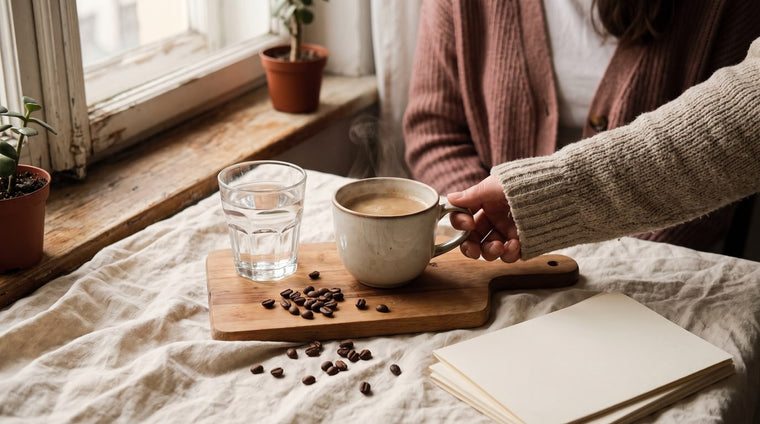 Tasse Kaffee mit Dampf neben einem Glas Wasser und Kaffeebohnen auf cremefarbenem Leinen am Fenster