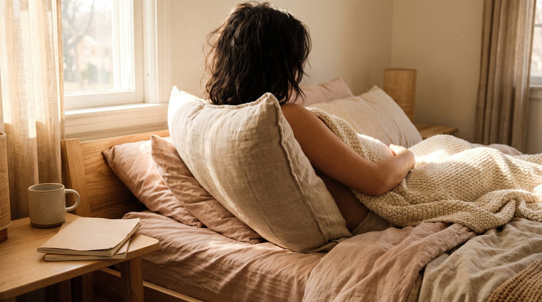 Schwangere ruht mit Kissen unter dem Bauch auf dem Bett, warmes Nachmittagslicht