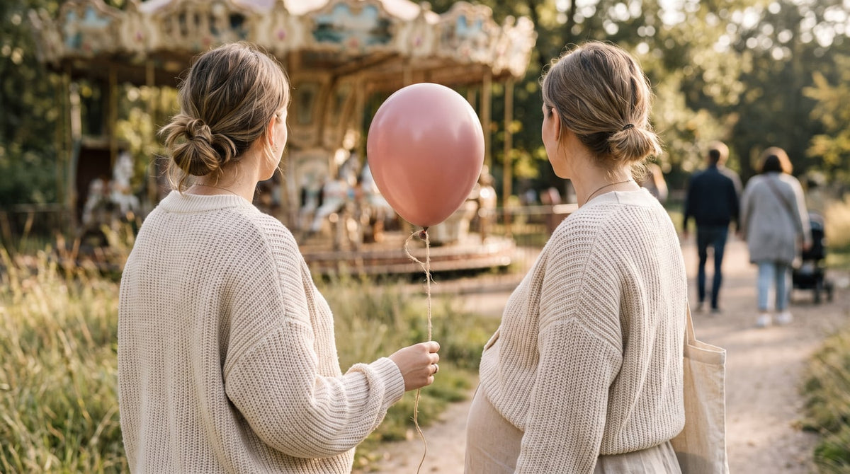 Schwangere im cremefarbenen Strickpullover mit einem bunten Luftballon an einem sonnigen Tag im Freizeitpark, Karussell unscharf im Hintergrund