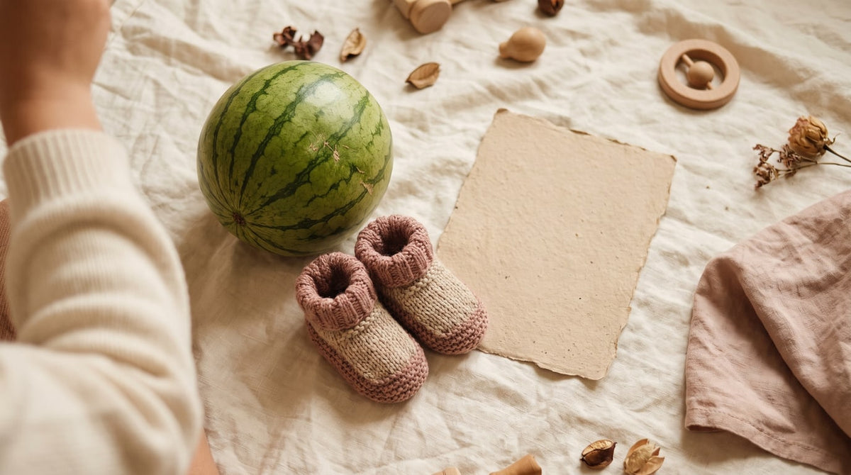 Wassermelone neben kleinen gestrickten Babyschuhen und einem leeren Papierschild auf Leinen