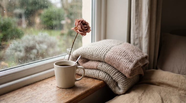 Cremefarbene Teetasse am regnerischen Fenster mit gefalteter Decke und einer getrockneten Blume, gedämpftes Licht