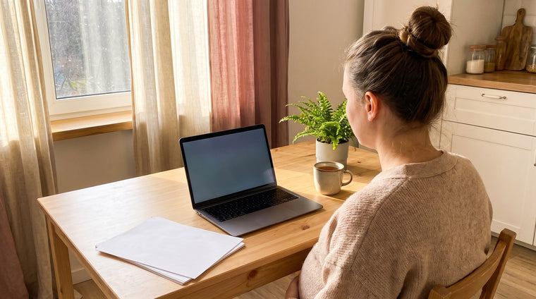Schwangere am hellen Kuechentisch am Laptop mit leerem Bildschirm, Teetasse und kleiner Pflanze daneben, warmes Tageslicht