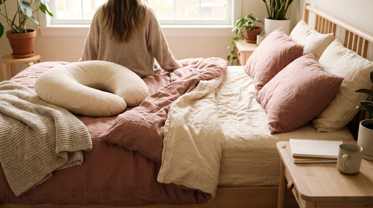 Gemuetliches Bett mit cremefarbener und altrosa Bettwaesche, Stillkissen und gefalteter Strickdecke im warmen Tageslicht